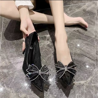 Giày cao gót mũi nhọn nơ công chúa siêu xinh (2 màu kem ảnh thật)