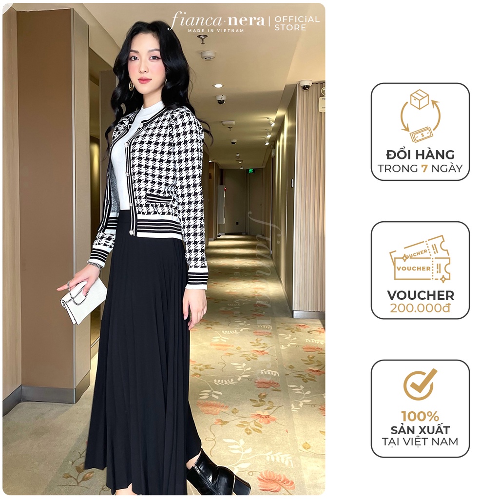 Áo khoác len Cardigan hoạt tiết Houndstooth cao cấp FIANCA NERA [ Made in Viet Nam]