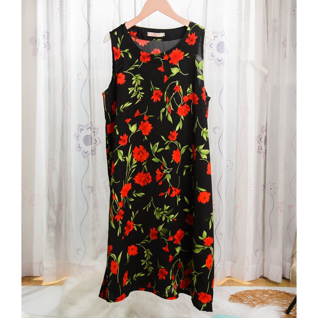 Đầm sát nách nữ mặc nhà chất lụa tuyết siêu mát hoa văn dáng dài-Đầm chữ A trung niên Chibishopsince2018