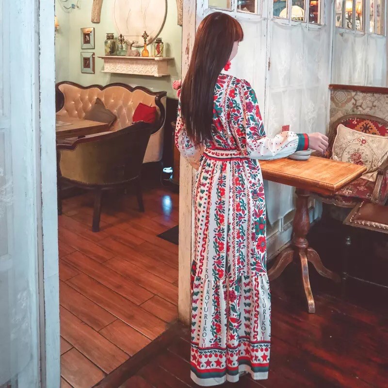 Váy đầm maxi boho thổ cẩm hoạ tiết hoa lá thắt dây eo tay dài bồng vintage cổ điển đi chơi đi biể