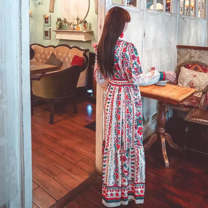 Váy đầm maxi boho thổ cẩm hoạ tiết hoa lá thắt dây eo tay dài bồng vintage cổ điển đi chơi đi biển du lịch