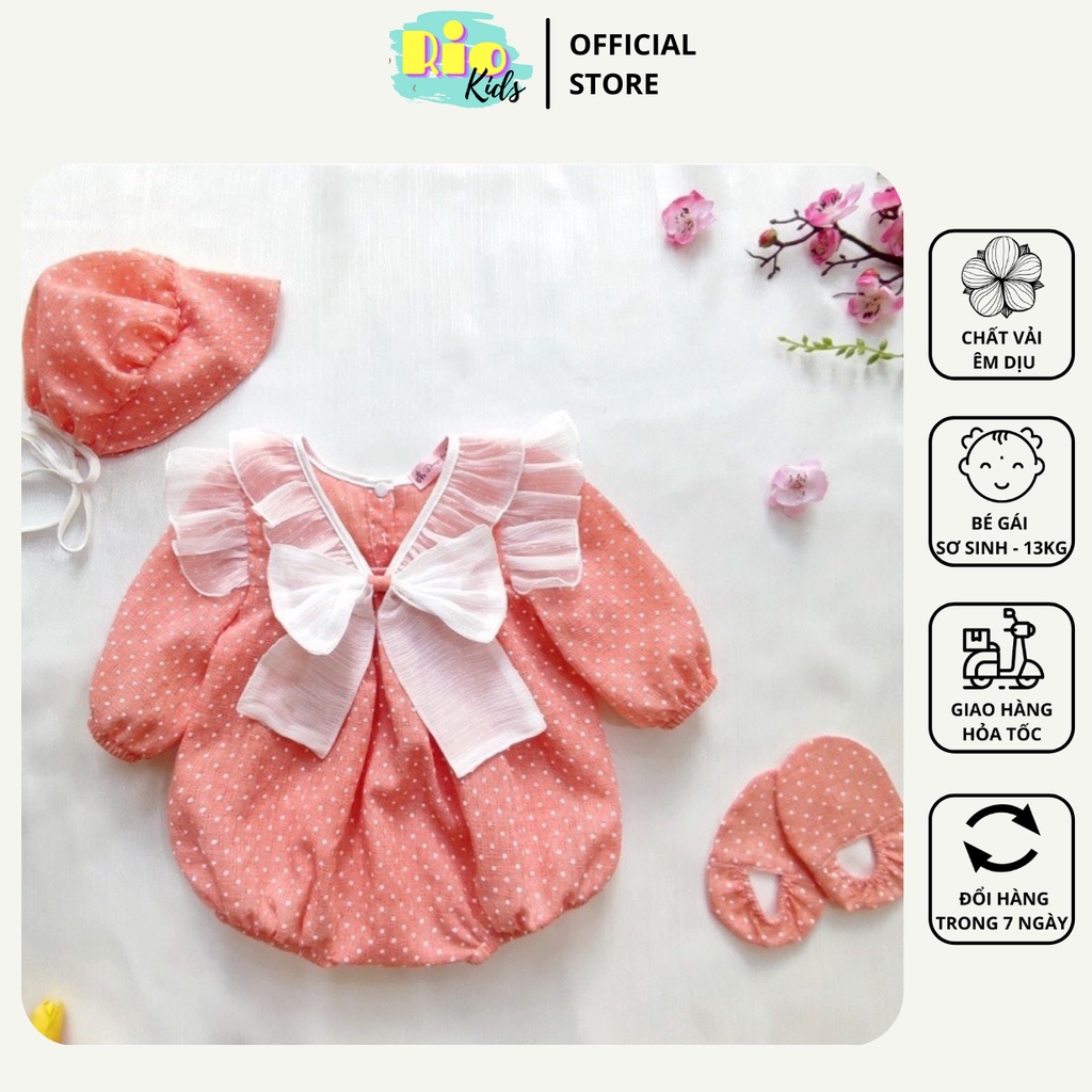 Bodysuit thiết kế chấm bi cho bé sơ sinh đến 13kg tặng kèm mũ &amp; giày vải - Riokids BD4