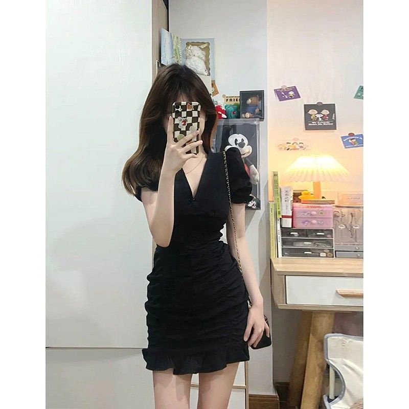 Đầm Đen Chiết Eo Phong Cách Pháp Thời Trang Mùa Hè 2022 Dành Cho Nữ