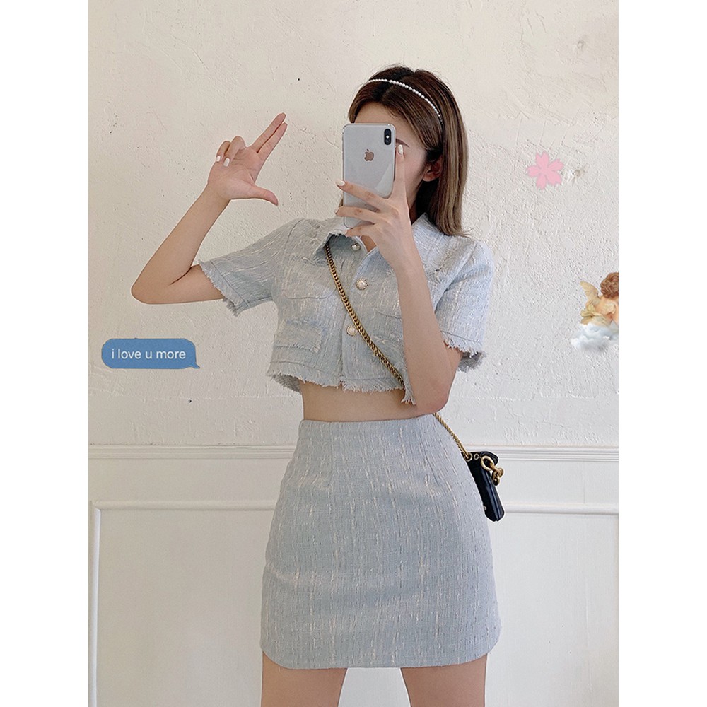 Set đồ kết hợp áo vest dáng croptop và chân váy chữ A cạp cao phong cách ulzzang Hàn quốc