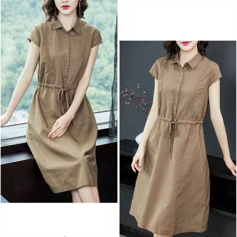 Đầm sơ mi nữ ngắn tay, Đầm linen nữ suông dài kèm dây eo tự chỉnh Da70