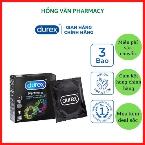 Bao cao su Durex Performa chống xuất tinh sớm Hộp 3 cái bcs kéo dài thời gian (Có che tên khi giao hàng)