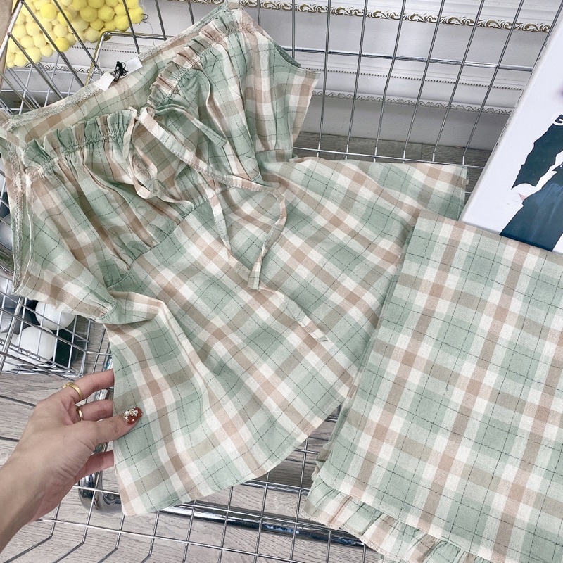 Bộ babaydoll hai dây mix quần suông ống rộng kẻ karo | BigBuy360 - bigbuy360.vn
