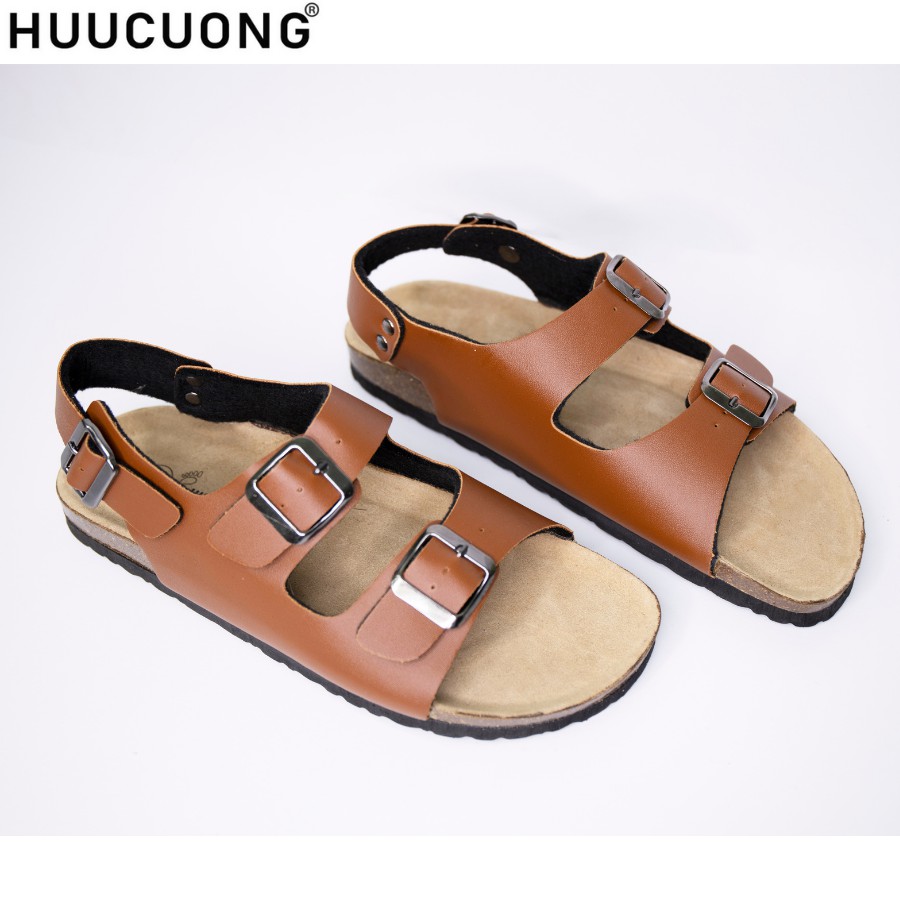 Giày Sandal Unisex thời trang HuuCuong -2 khóa pu nâu đế trấu