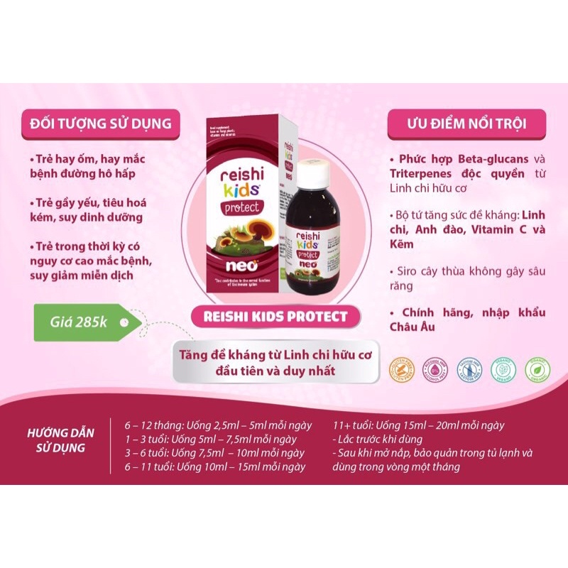 Tăng đề kháng Reishi kids protect Neo kids 150ml (hỗ trợ giảm nguy cơ viem đường hô hấp trên (mũi họng) tây ban nha