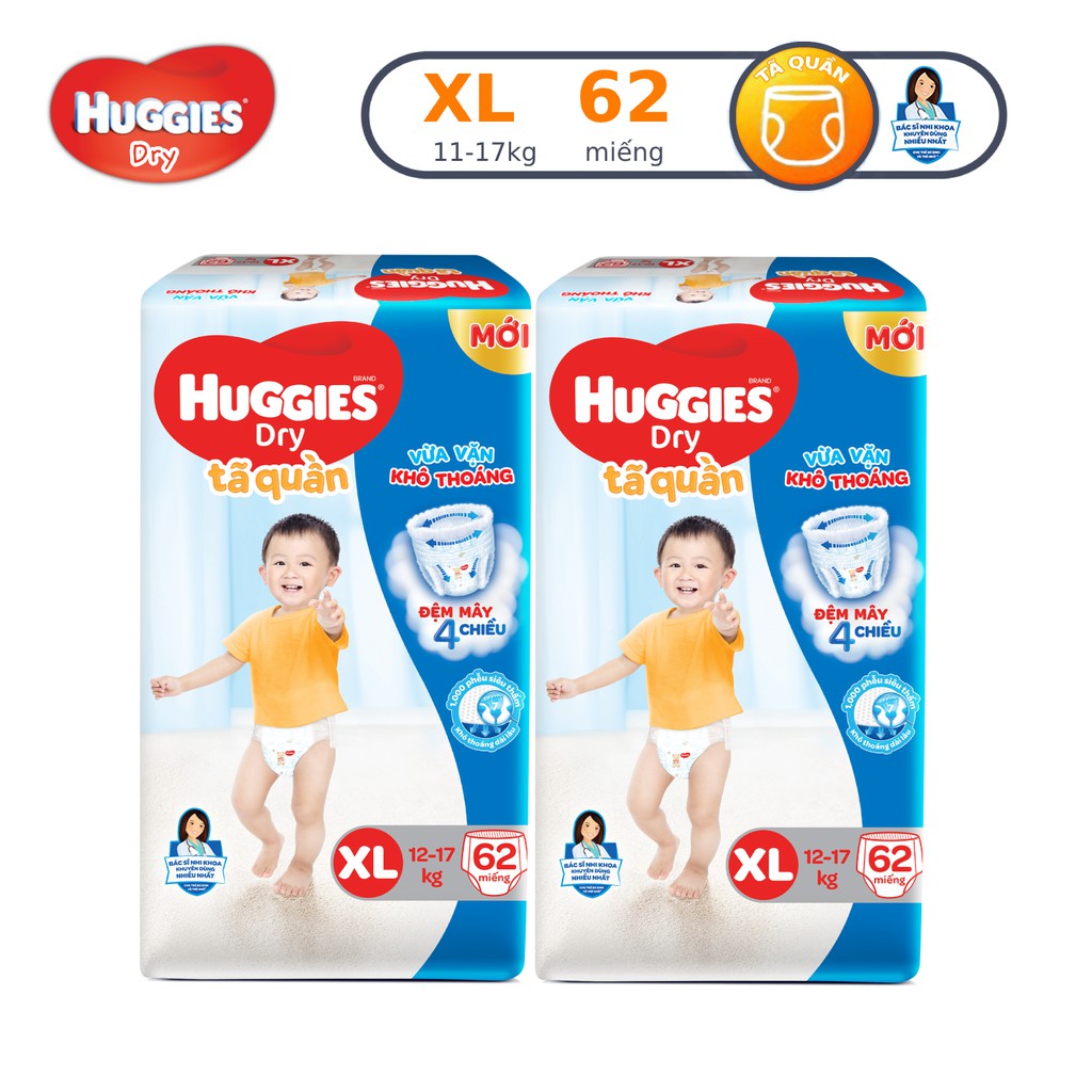 Combo 2 Tã quần Huggies Dry Super Jumbo M74/L68/XL62/XXL56