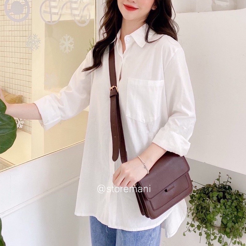 Áo sơ mi nữ form rộng tay dài kiểu dáng basic màu trắng dáng suông style đi học sinh viên có túi ngực
