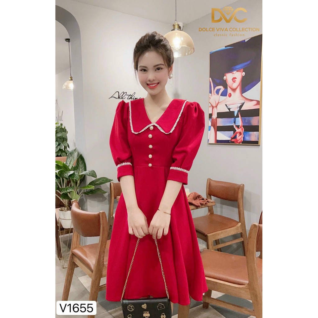 Váy Đầm Xòe Tay Lỡ Cổ Viền Đính Ngọc Cổ V Chất Liệu Vải Umi Thời Trang Nữ ĐẶNG DIỆU Mẫu Free Size Dưới 56kg