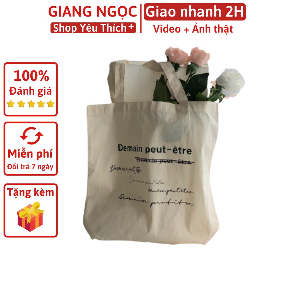 [Mã FASHIONT4WA2 giảm 10K đơn từ 50K] Túi tote vải canvas Chữ Demain phong cách vintage Hàn Quốc