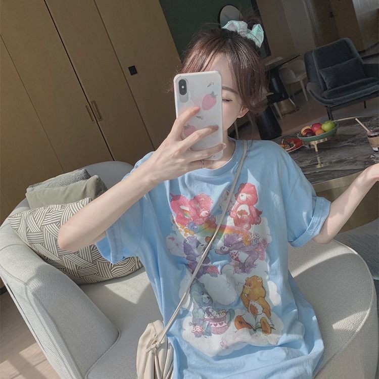 Blue bear t-shirt women's short-sleeved loose top net red ins super fire cotton casual mid-length section