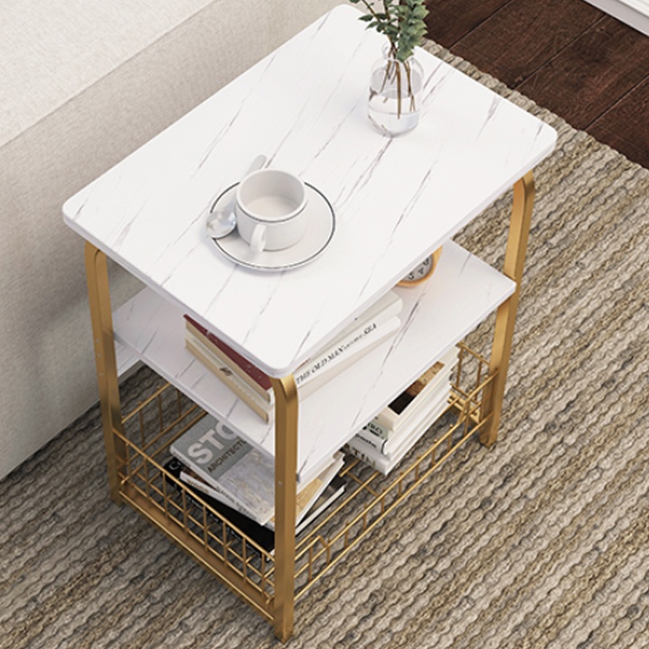 Bàn Trà Bàn Sofa Trang Trí Phòng Khách Phòng Ngủ Mặt Gỗ MDF Chân Bàn Khung Kin Loại Mạ Màu Vàng