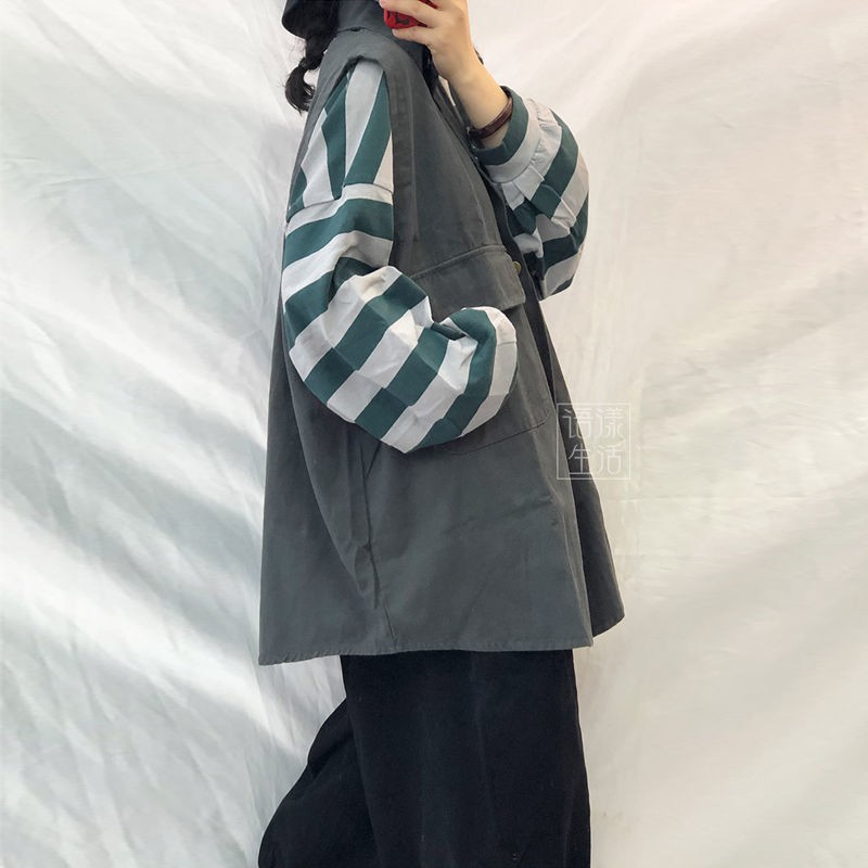 ₪áo vest nữ công sở ba dây + thun dài tay sọc quần ống rộng Hàn Quốc phiên bản lỏng lẻo và mỏng thời trang Suit gi