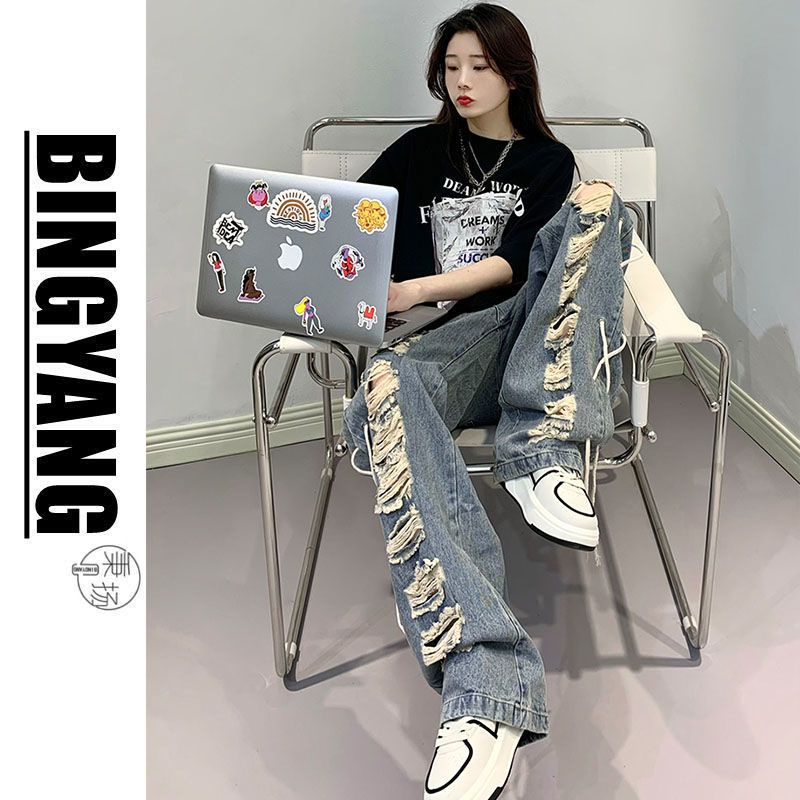 Quần Jean Ống Rộng Dáng Suông Cột Dây Phối Tua Rua Phong Cách Retro Hợp Thời Trang Cho Nam Và Nữ