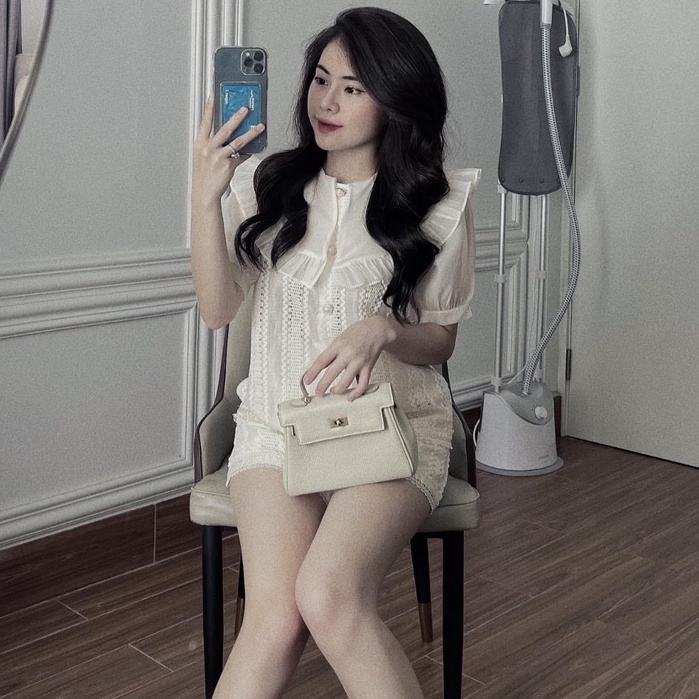 Bộ Ren Hoa Sọc Lượn Cổ Piter Mix Quần Đùi Be Ren Macdep_official