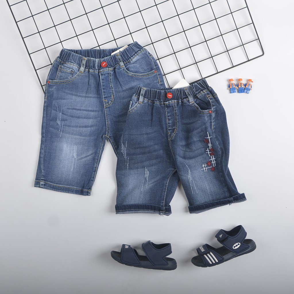 Quần jean lửng bé trai TrueKids, quần short jean size đại từ 25 - 42kg thêu sọc