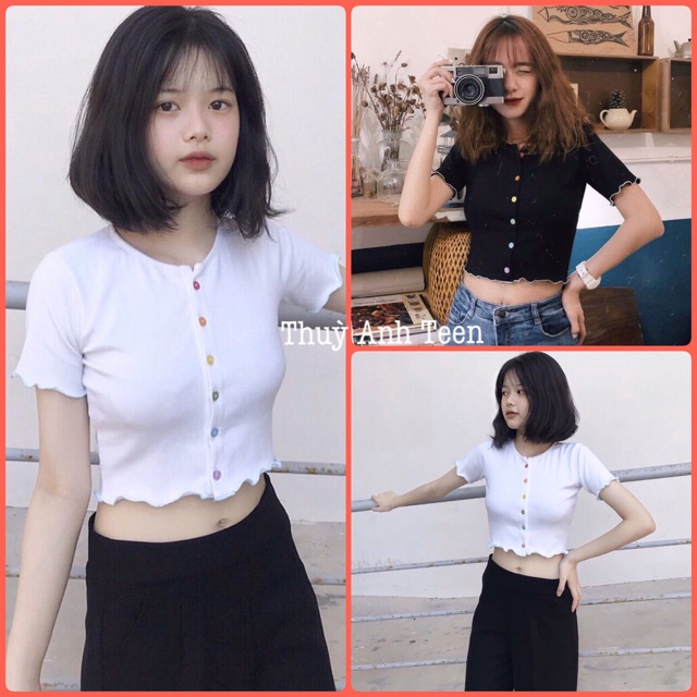 Áo Croptop Ulzzang trơn body cuốn biên đính cúc màu