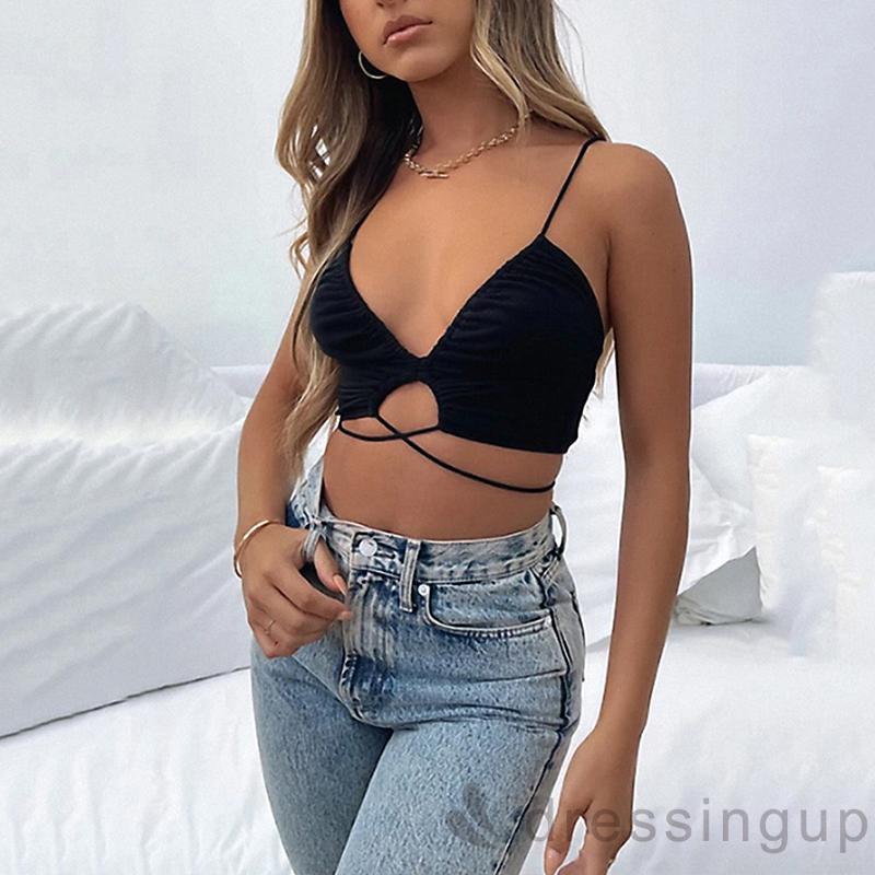 Áo crop top cổ chữ V sâu màu sắc đơn giản cho nữ