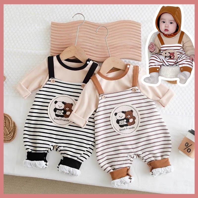 Bộ Áo Liền Quần Tay Dài + 1 Dây Đeo In Họa Tiết Sọc Dễ Thương Thời Trang Mùa Đông Cho Bé Sơ Sinh