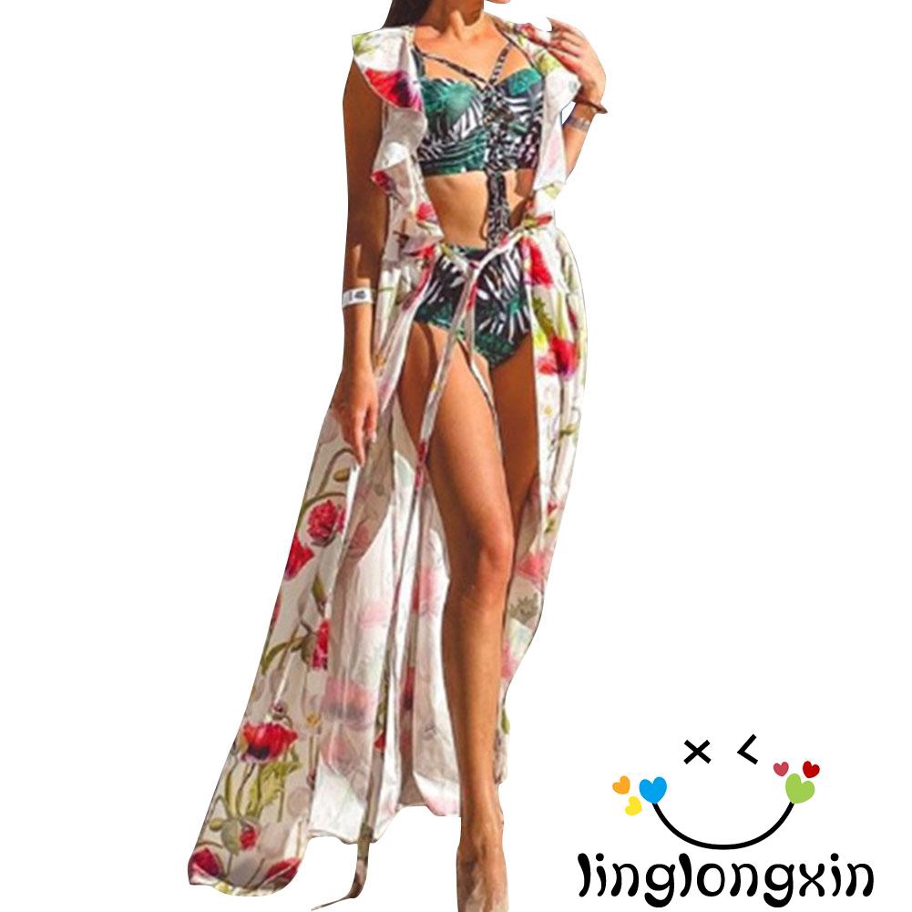 ◕‿◕Women Leaf Print Two-piece Bathing Suit Sexy Lace-up Top High Waist Thong Summer Clothes | BigBuy360 - bigbuy360.vn