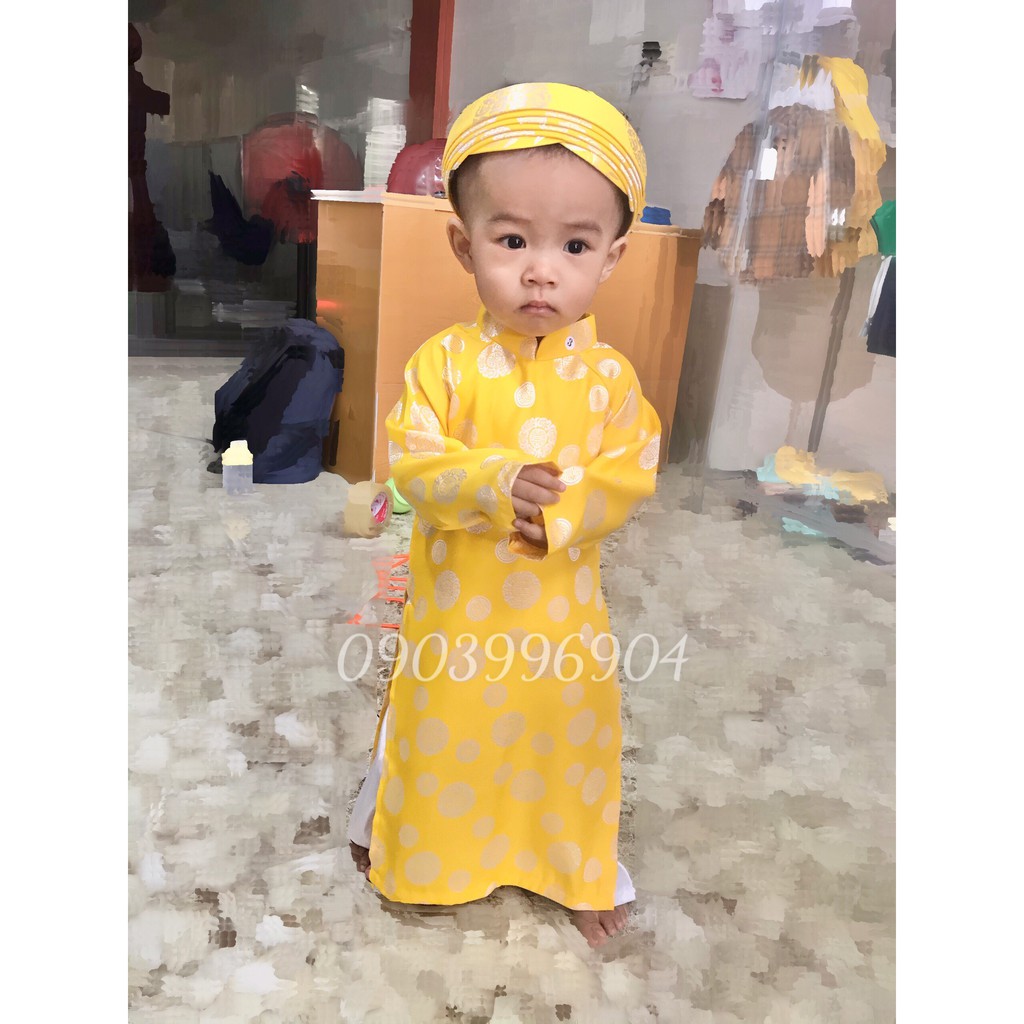 Bộ áo dài truyền thống gấm Thái Tuấn cho bé màu vàng xu lớn (tặng kèm mấn)