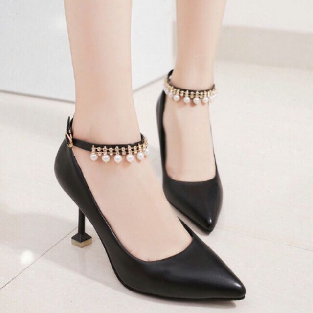 SALE 199K_Giày cao gót bít mũi , quai hậu kết hạt lạ mắt cao 7 cm
