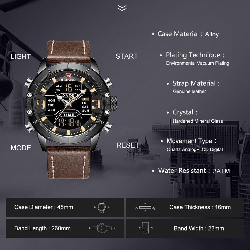 Đồng Hồ Analog Máy Quartz Dây Da Chống Thấm Nước NAVIFORCE Kiểu Dáng Thể Thao Cho Nam