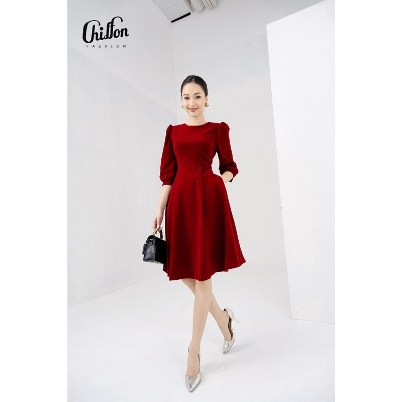 Váy nhung công sở nữ dáng xòe tay bồng thiết kế Chiffon | BigBuy360 - bigbuy360.vn