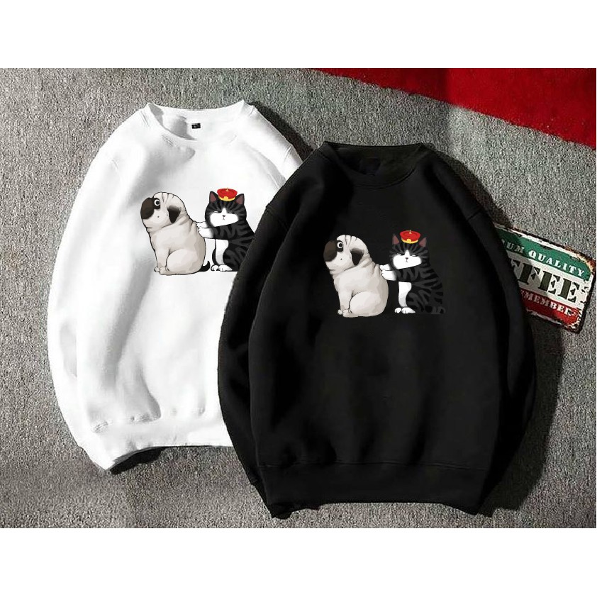 [video thật]Áo nỉ sweater thu đông hoạt hình chó Pug cổ tròn form suông rộng unisex cho nam nữ , chất nỉ bông ấm