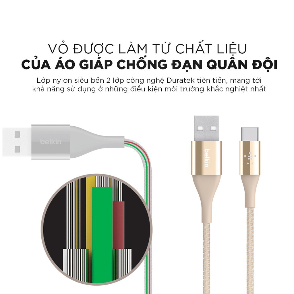 Cáp sạc 1.2M TYPE C BELKIN MIXIT↑™ DURATEK™ F2CU059BT04-BLK bọc sợi Kevlar