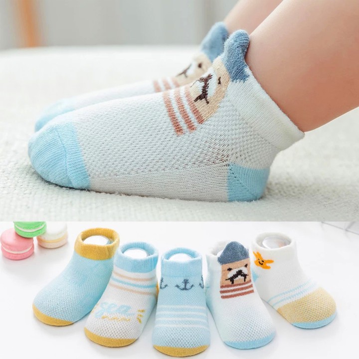 Set 5 đôi tất lưới cotton cổ thấp cho bé 0-2 tuổi chống trơn trượt thấm hút mồ hôi hình thú lạ mắt Baby-S – ST013