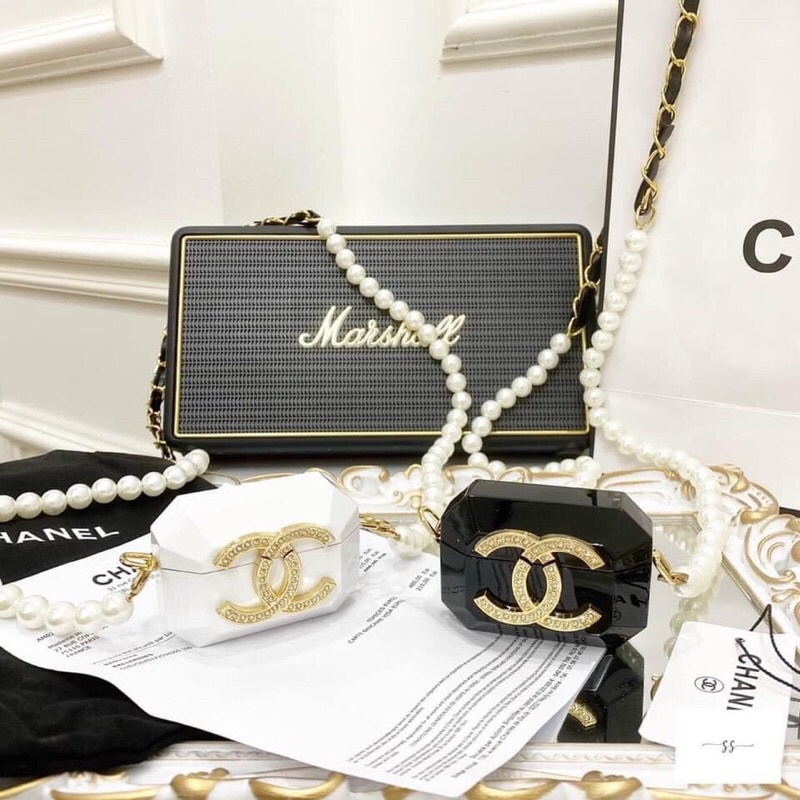 Túi hộp nhựa Chanel dây ngọc đẹp sang trắng đen