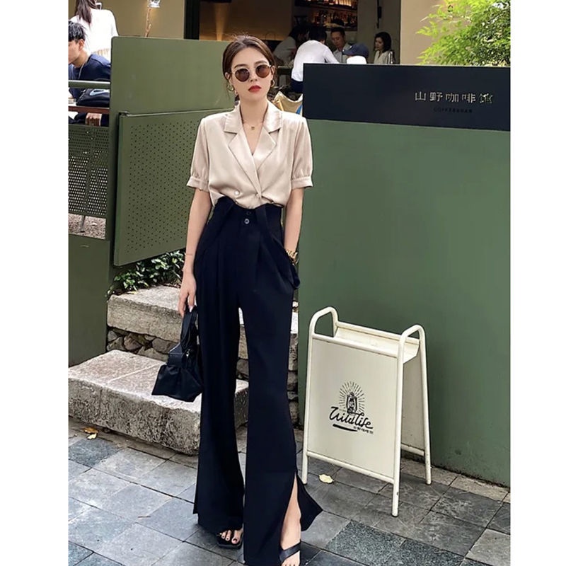 Set Áo Sơ Mi Lụa Thanh Lịch + Quần Dài Lưng Cao Ống Rộng Xẻ Tà Thời Trang Cho Nữ