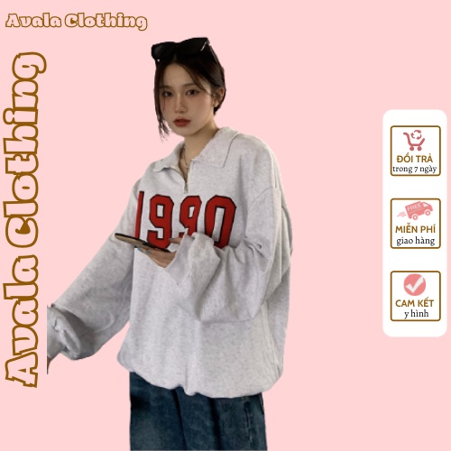 Áo Nỉ Sweater 1990 Form Rộng Cổ khóa Unisex Nam Nữ Màu Xanh Ulzzang AVALA