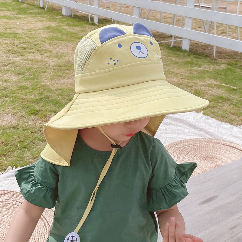 Mũ rộng vành, che gáy chống nắng chống tia UV họa tiết gấu dễ thương cho bé