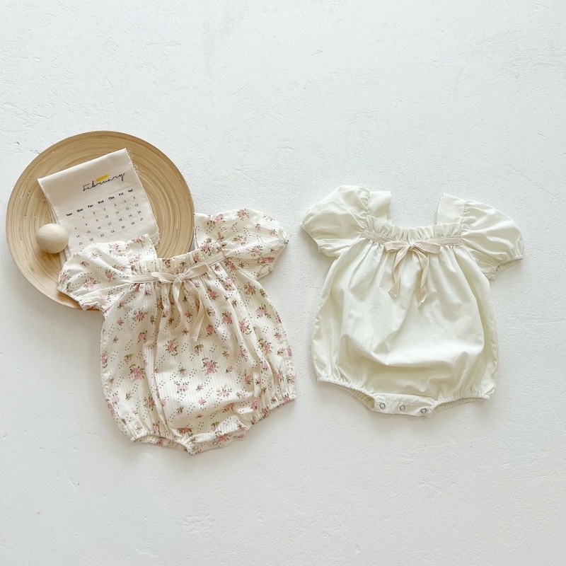 Bộ Áo Liền Quần Tay Ngắn Bằng Vải Cotton In Hoa Dễ Thương Dành Cho Bé Gái Sơ Sinh