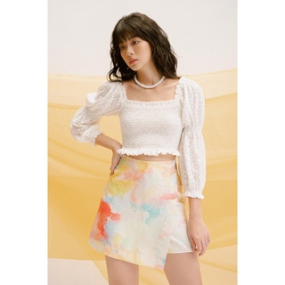 LIBÉ - Áo kiểu tay dài dáng ôm chạy chỉ thun toàn thân trên nền vải thêu hoa màu trắng