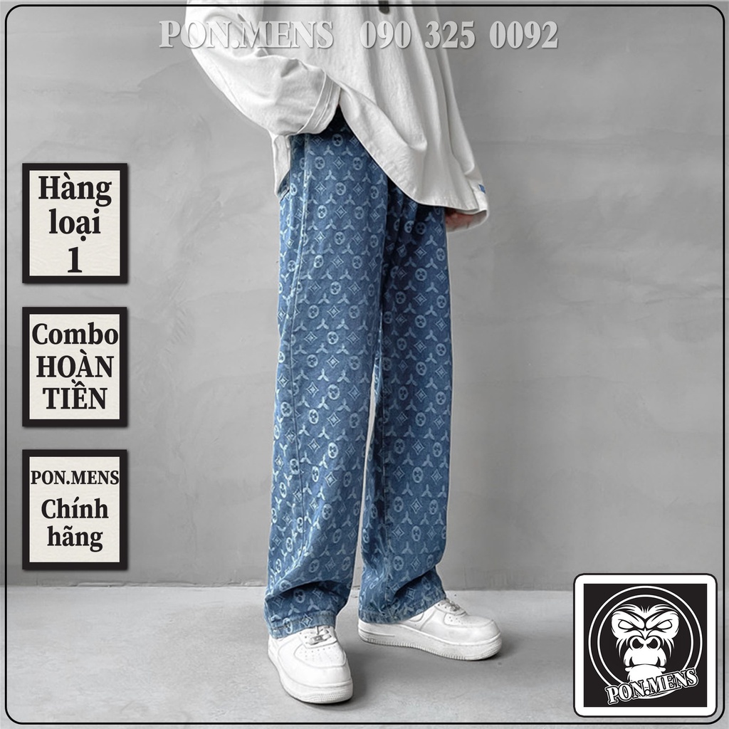 Quần jean baggy ống suông rộng nam nữ xanh hoa văn VNXK đẹp 2 pon.mens 2021