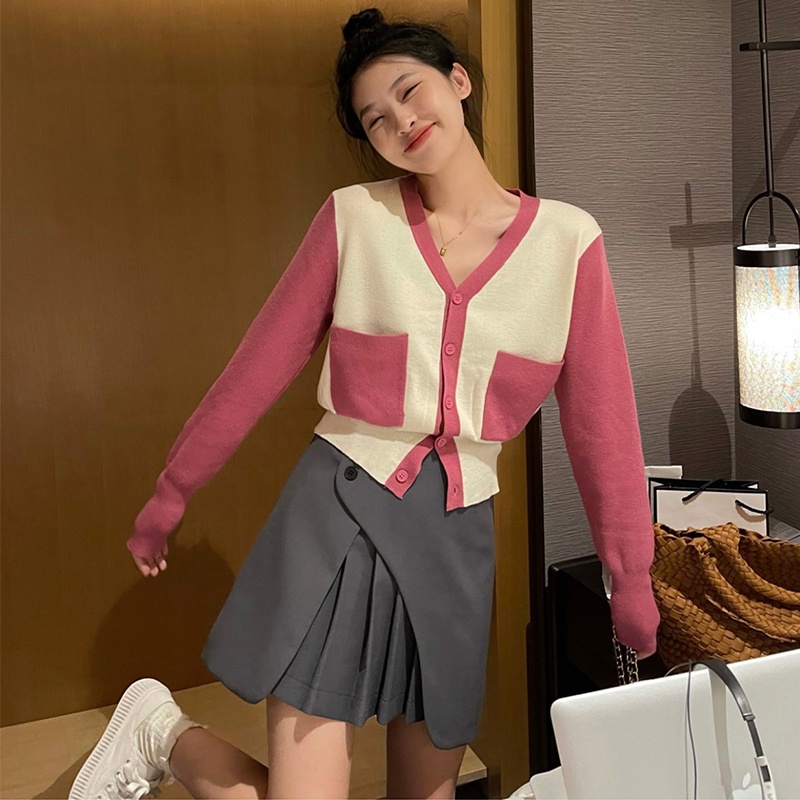 【ZHELIHANGFEI】Áo Cardigan Dệt Kim Tay Dài Cổ Chữ V Lưng Cao Thời Trang