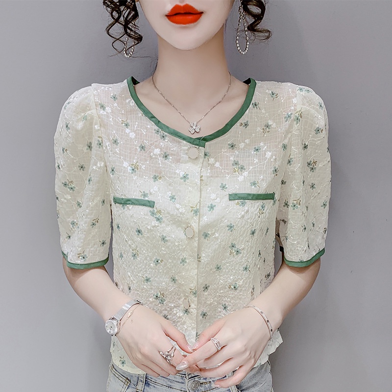 Áo Sơ Mi Hoa Tay Ngắn Phong Cách Mới Mùa Hè áo sơ mi voan hoa áo ren tay ngắn