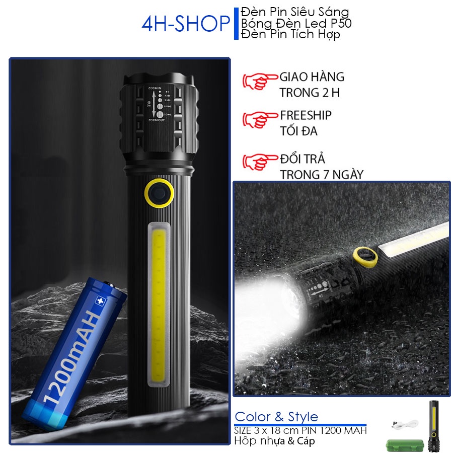 Đèn pin siêu sáng Led P50 đèn cạnh COB, dùng pin sạc 1200mah, kèm hộp nhựa và cáp sạc cổng USB.