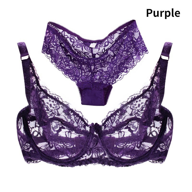 Bộ nội y vạc ren nâng cúp ngực 3/4 thoáng khí siêu mỏng cho nữ