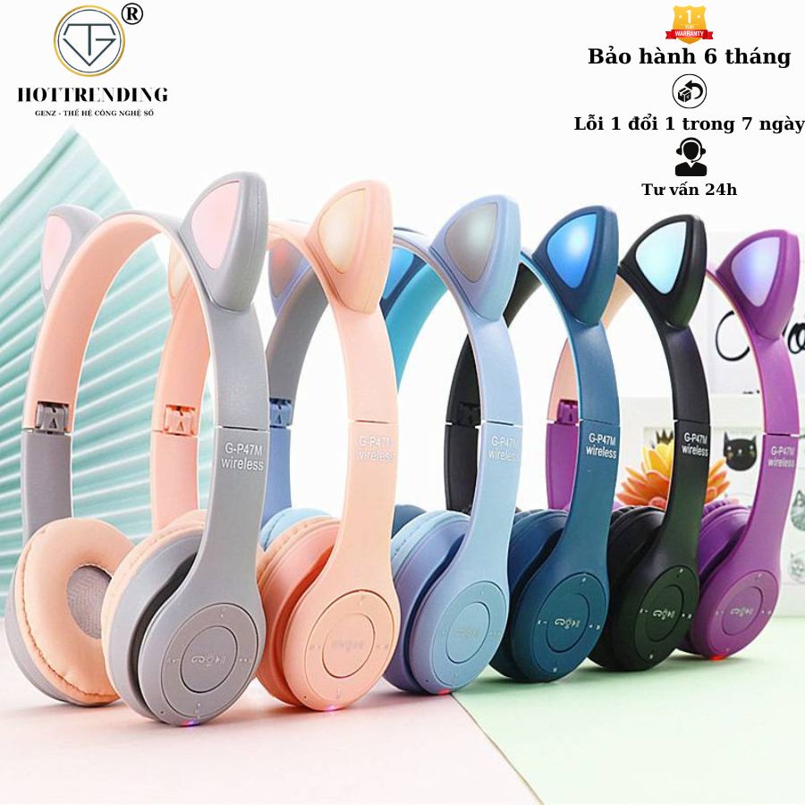Tai Nghe Mèo Chụp Tai Bluetooth P47 - P47M Tai Mèo - Có Khe Cắm Thẻ Nhớ - Âm Thanh Bass Ấm Bảo Hành 6 Tháng