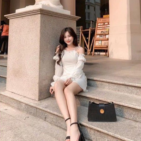 Váy trễ vai trắng tiểu thư dáng dài tay bo, Đầm trắng trễ vai ulzzang bánh bèo DUKO FASHION V03