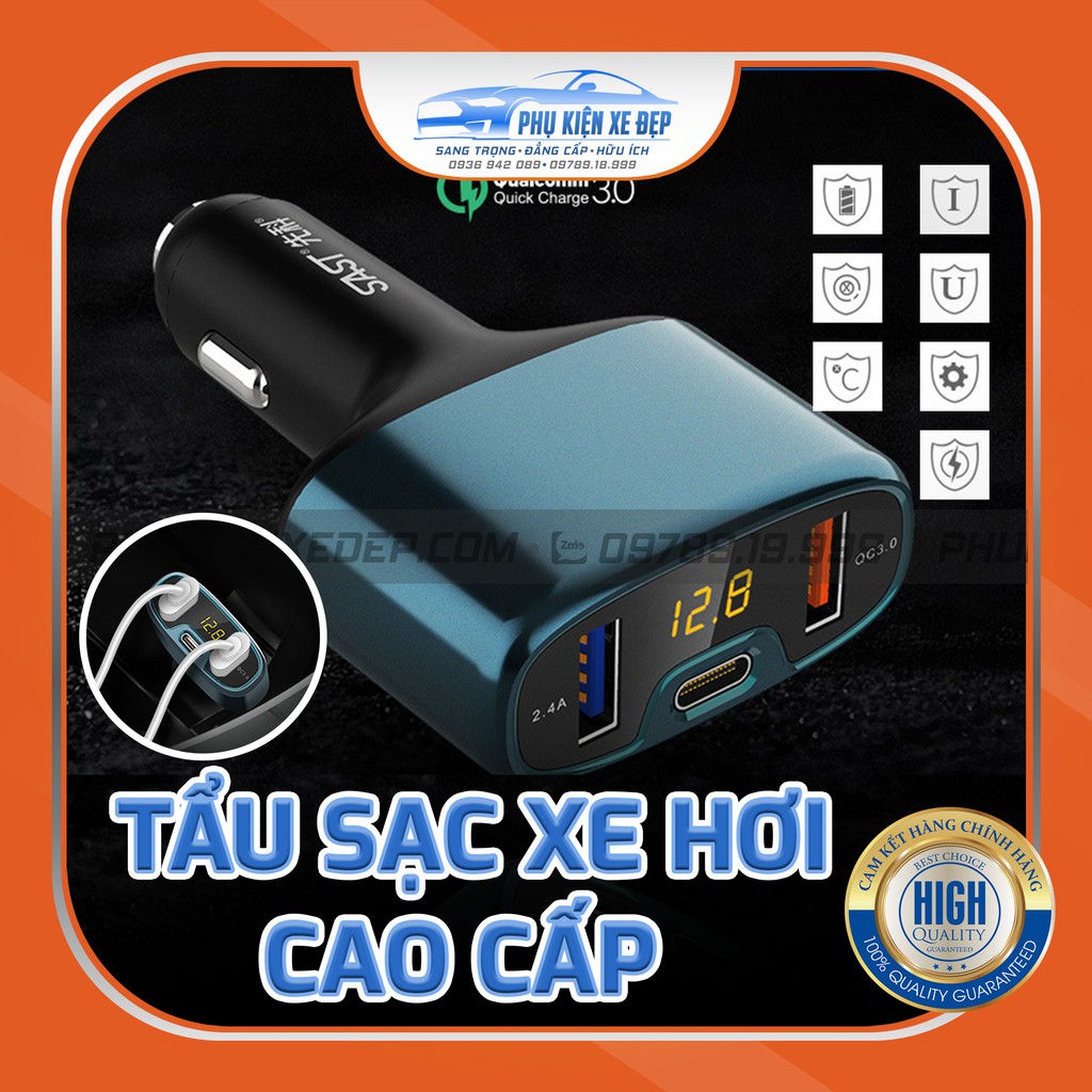 Tẩu sạc nhanh ô tô ⚡CAO CẤP⚡ SAST 2 cổng USB ( 2,4A, 3A) và 1 cổng Type-C - Bảo Hành 06 Tháng