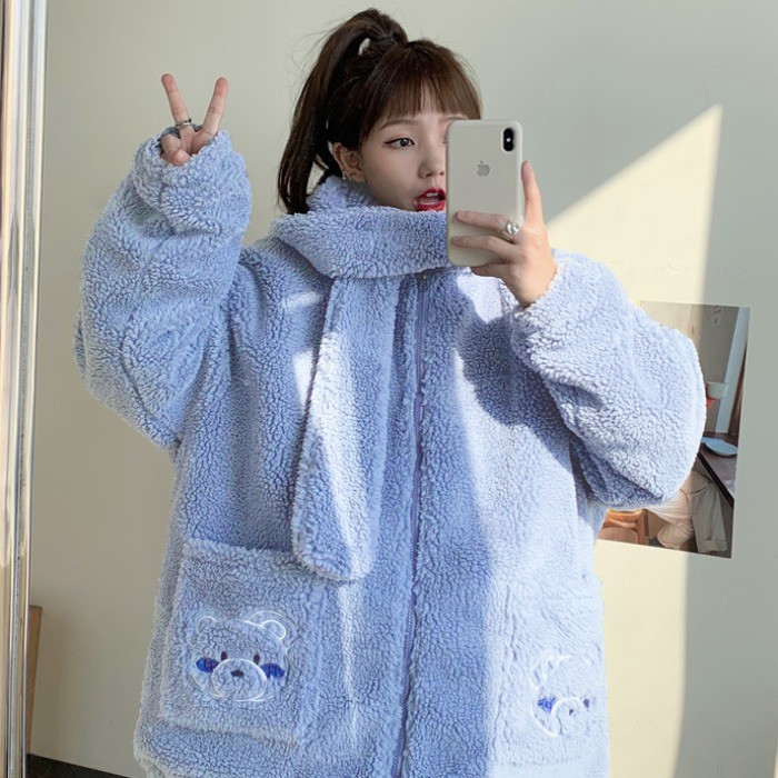 [ HÀNG SẴN TAOBAO 008 ] Áo khoác bông lông cừu túi gấu mũ gấu liền khăn form rộng siêu ấm Monisha