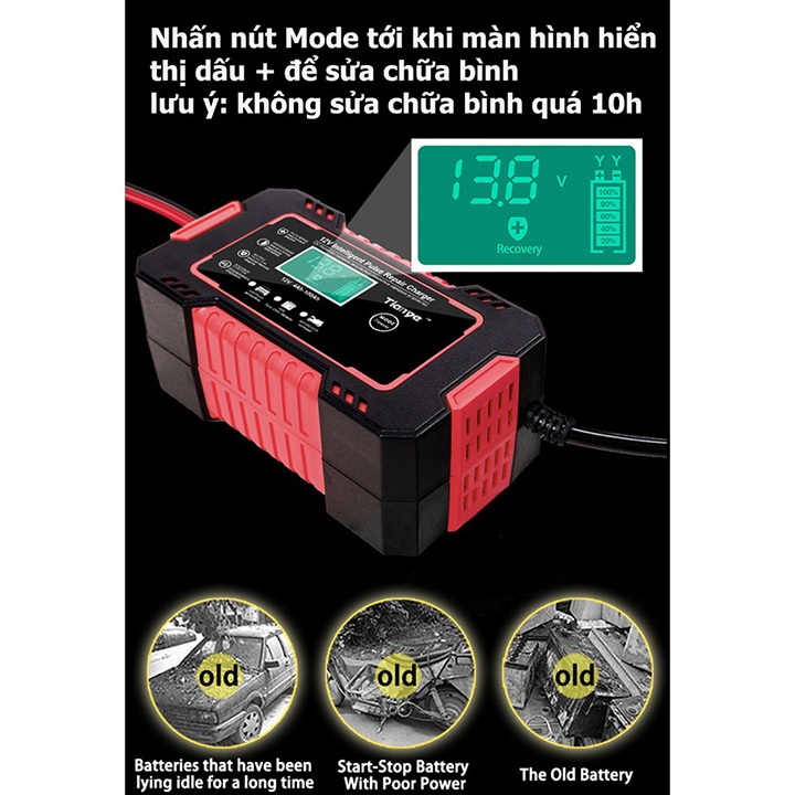 Bộ Sạc Ắc Quy TIANYE 12V 6A Kèm phục hồi bình, Tự ngắt khi đầy, Khử sunfat